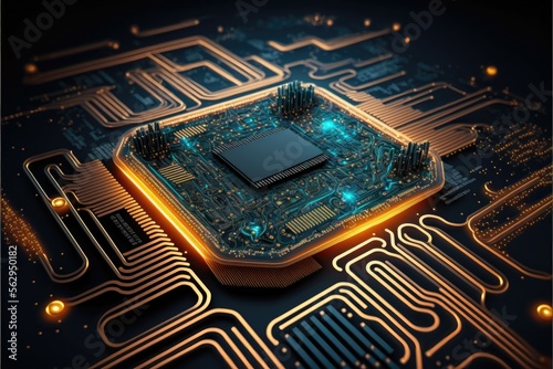 Generative AI cyberspace design chip processor board and branch connections, futuristic technology on chip