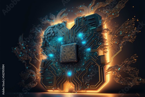 Generative AI cyberspace design chip processor board and branch connections, futuristic technology on powerful chip