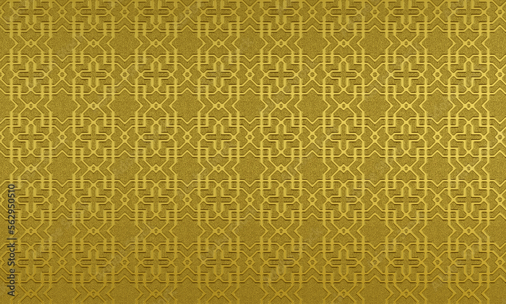 3D render : embossed abstract geometry pattern engraved on gold surface