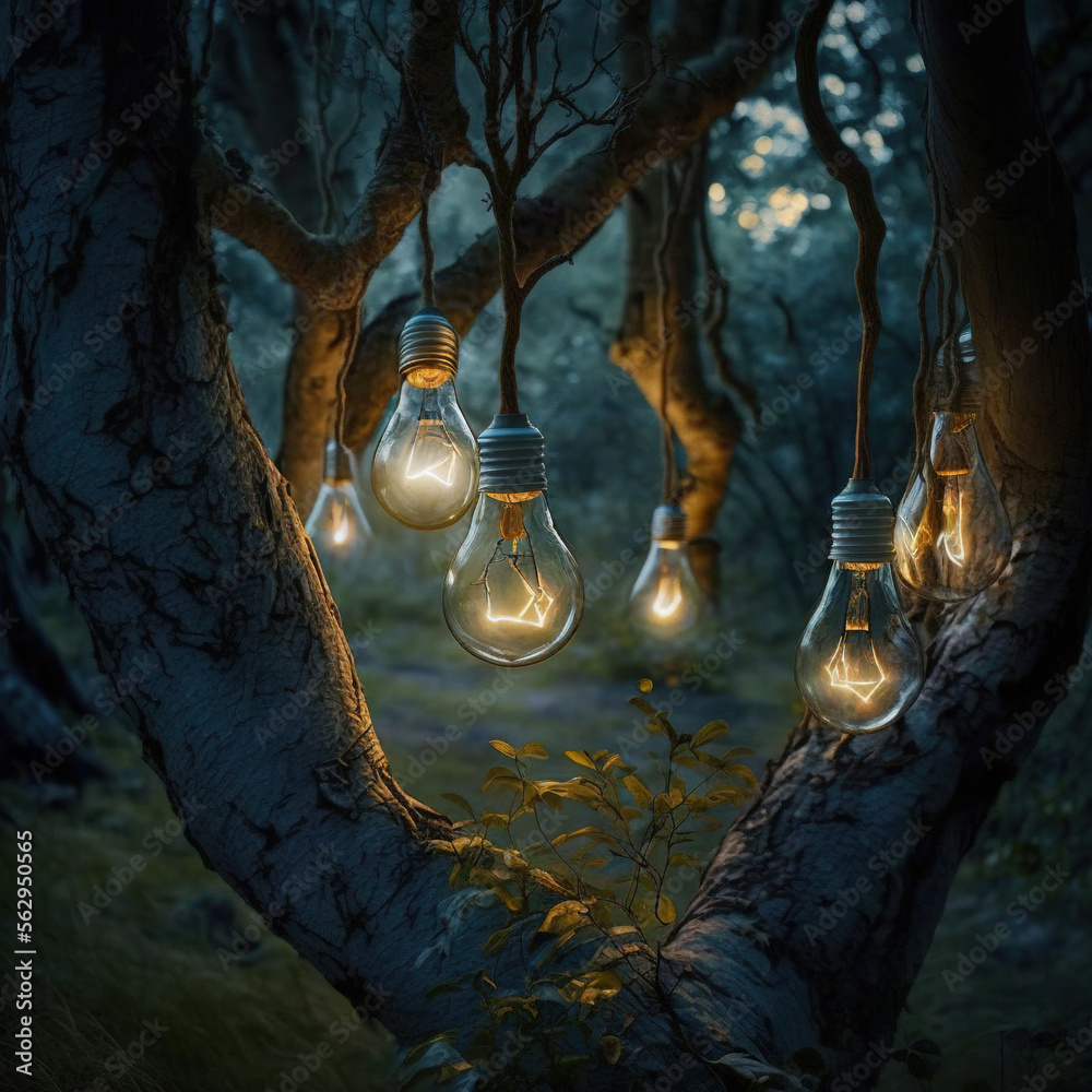 light bulbs hung from a tree, generative AI - obrazy, fototapety, plakaty 