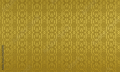 3D render : embossed abstract geometry pattern engraved on gold surface