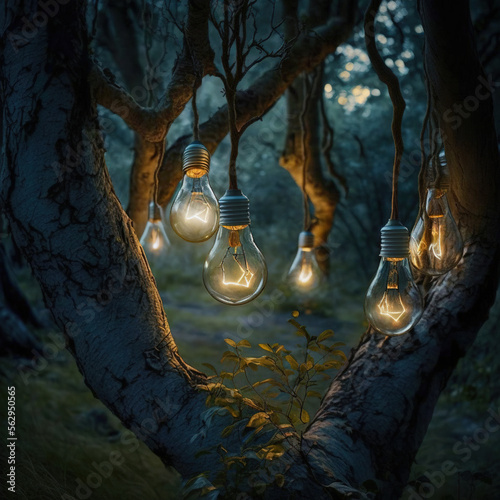 light bulbs hung from a tree, generative AI