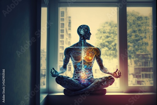 Human body meditating in Lotus pose against window generative ai