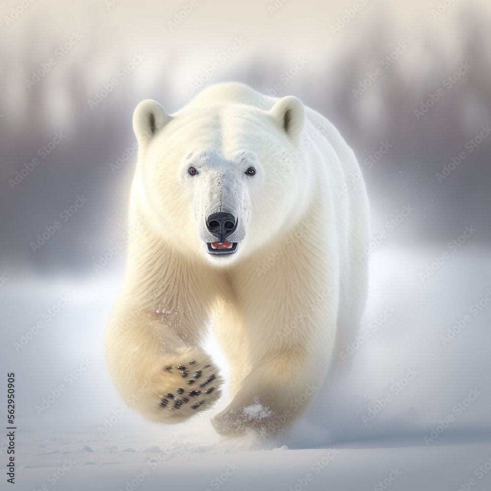 white polar bear running through the snow, copy space, generative AI - obrazy, fototapety, plakaty 
