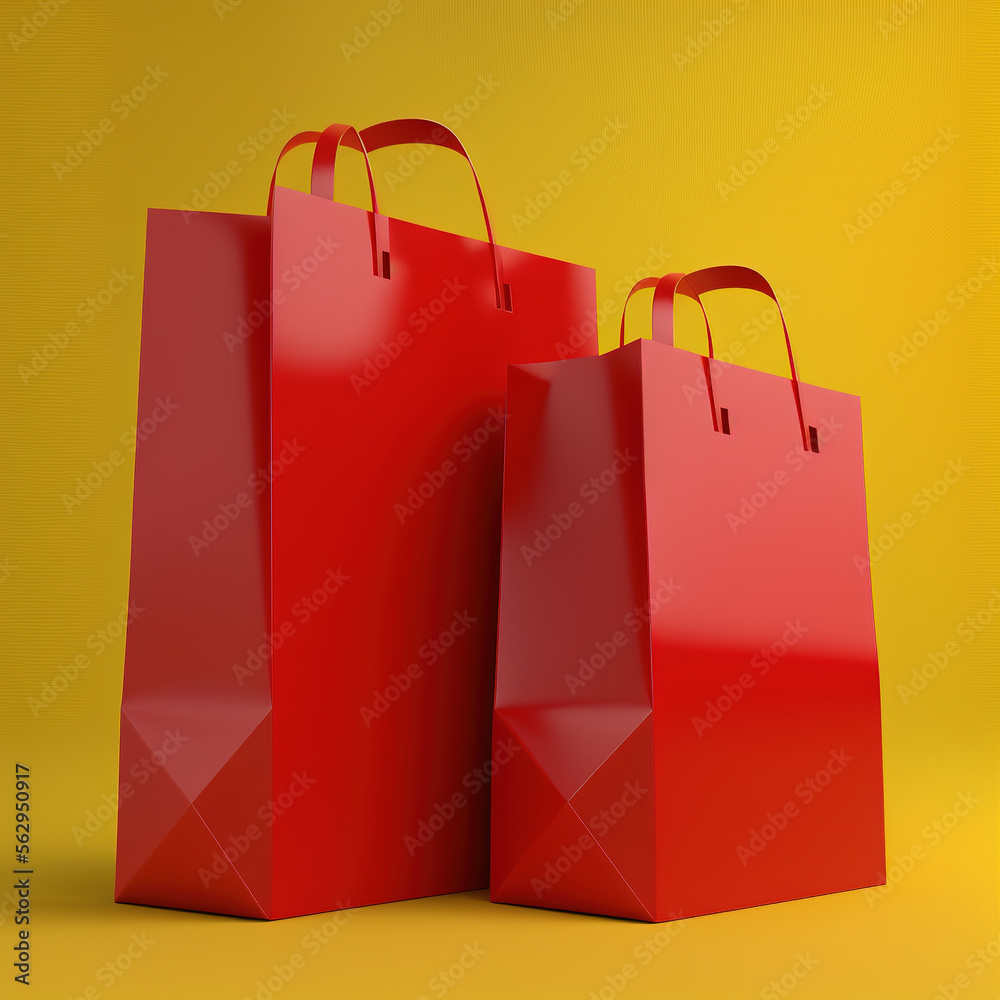 paper shopping or gift bag, red on yellow background,  generative AI  - obrazy, fototapety, plakaty 