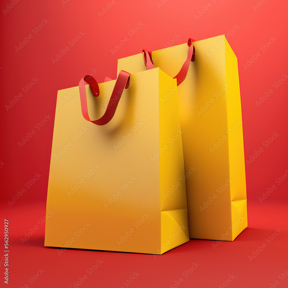 paper shopping or gift bag, yellow on red background , generative AI  - obrazy, fototapety, plakaty 