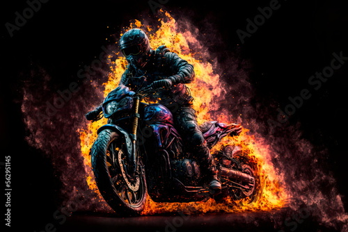 Fire motorbiker in dramatic dark scene. Wallpaper . Generative AI