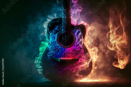 Music concept. Acoustic guitar smoke epic rock guitar. Generative AI