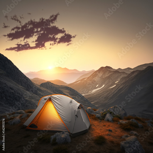 tent in the mountains at sunset, Generative AI
