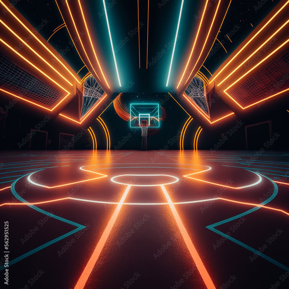 Futuristic basketball court made of neon lights. Generative ai. - obrazy, fototapety, plakaty 