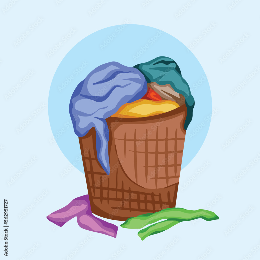 Overflowing clothes in laundry basket vector illustration isolated on ...