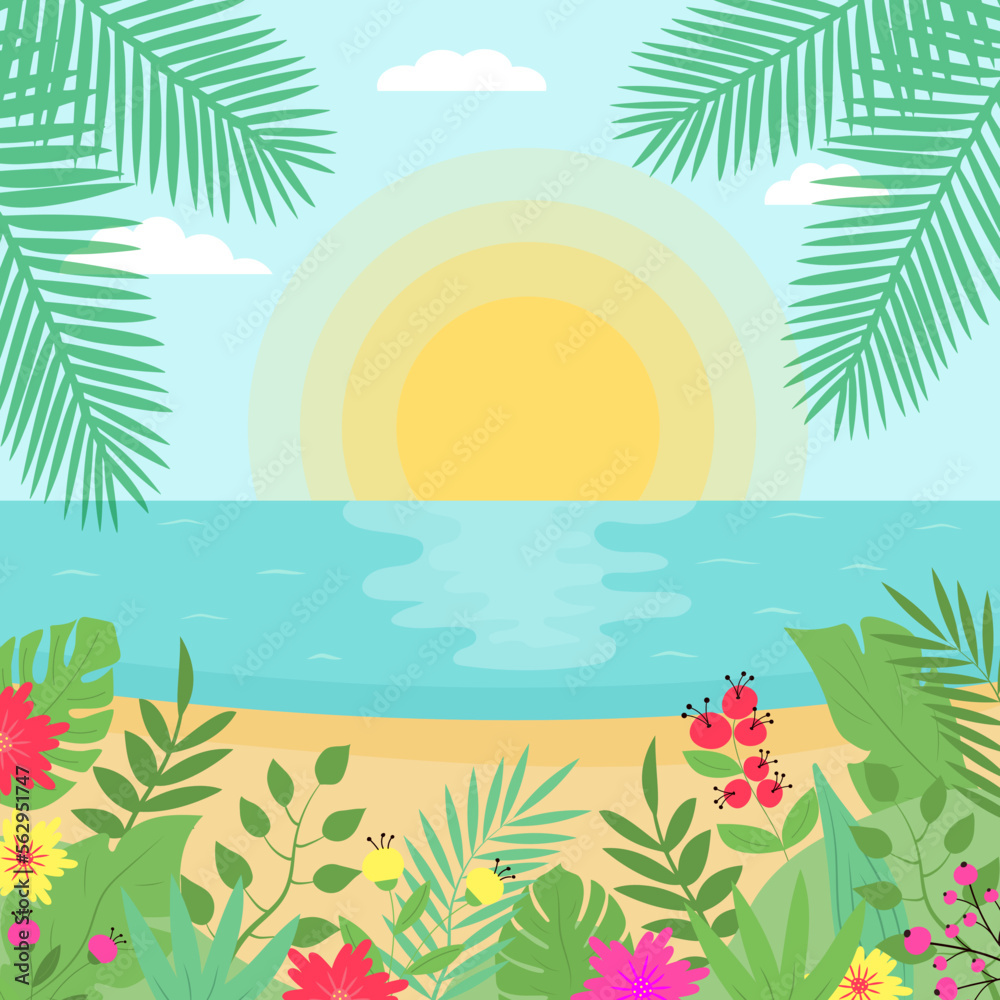 Summer exotic seascape. Tropical beach with palms leaves, flowers and plants. Sunset or sunrise at the sea.