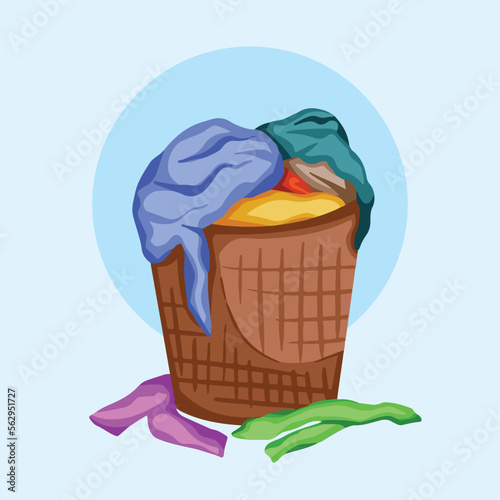 Overflowing clothes in laundry basket vector illustration isolated on plain light blue background. House work chores themed drawing with cartoon flat art colored style.