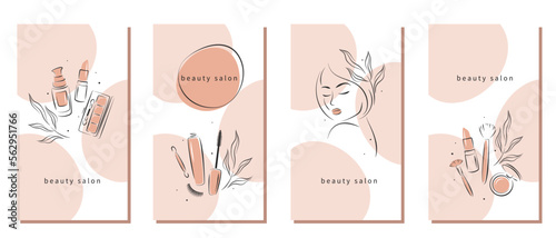 Set of design for Beauty salon. Makeup tools, cosmetic brushes, lipstick, blush, eyelash extension, brows, female portrait. Vector illustration