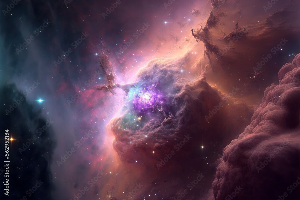 Fototapeta premium Large view of a colorful dark nebula in space. Cosmic background with bright shining stars, galaxies and deep universe. Generative ai