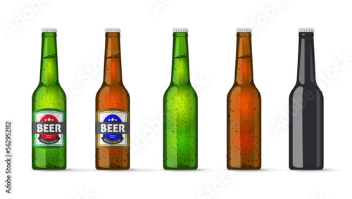 Beer bottle glass 3d set vector green brown black mockup graphic isolated illustration, blank cold lemonade or alcohol drink mock up, lager and ipa package sticker label clip art image
