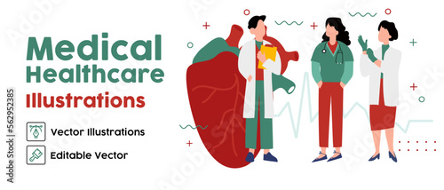 Human Heart. Cardiology concept. Doctors. Cardiology diagnostics. Flat Isometric Vector Illustration.