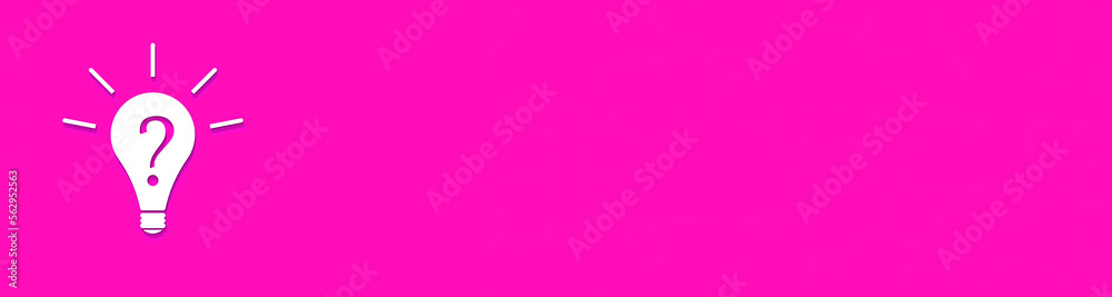 White light bulb with shadow on pink background. Illustration of symbol of lack of idea. Question mark. Banner for insertion into site. Horizontal image. 3D image. 3D rendering. White light bulb with shadow on pink background. Illustration of symbol of lack of idea. Question mark. Banner for insertion into site. Horizontal image. 3D image. 3D rendering.