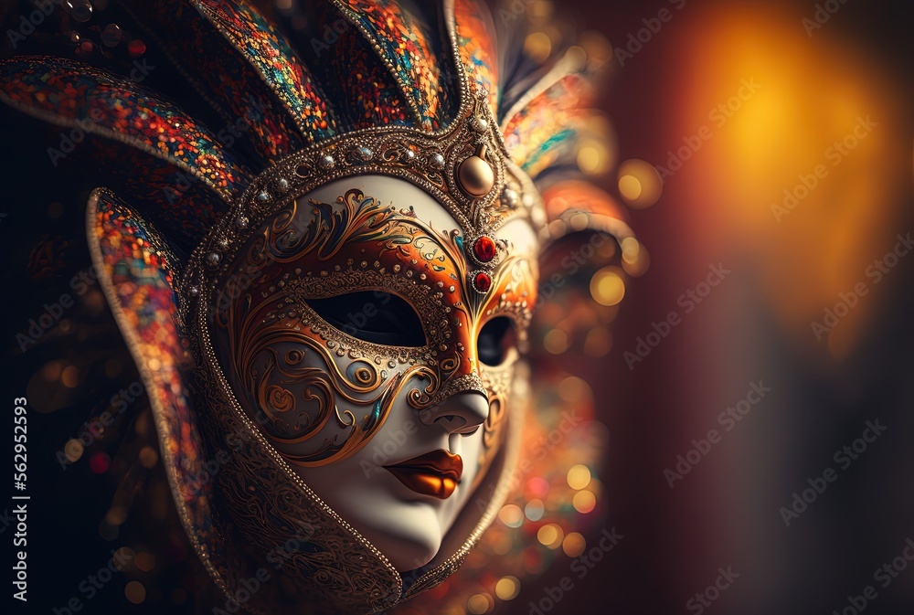  beautiful illustration of carnival mask on wooden background with bokeh light background, idea for background wallpaper  Generative Ai