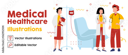 Doctor check patient health condition. Doctors treating the patient, Hospitalization of the patient. Doctor's visit to ward of patient lying in a medical bed. Vector illustration in a flat style