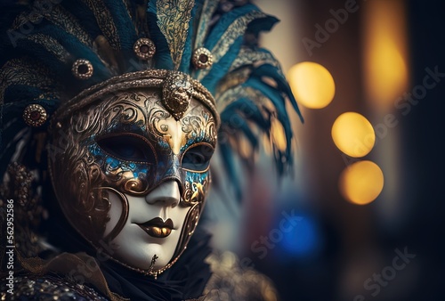  beautiful illustration of carnival mask on wooden background with bokeh light background, idea for background wallpaper Generative Ai