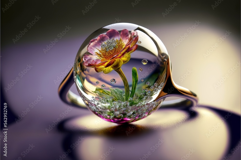enclosed in a bubble, ring with flower