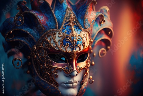  beautiful illustration of carnival mask on wooden background with blur background, idea for background wallpaper  Generative Ai © QuietWord