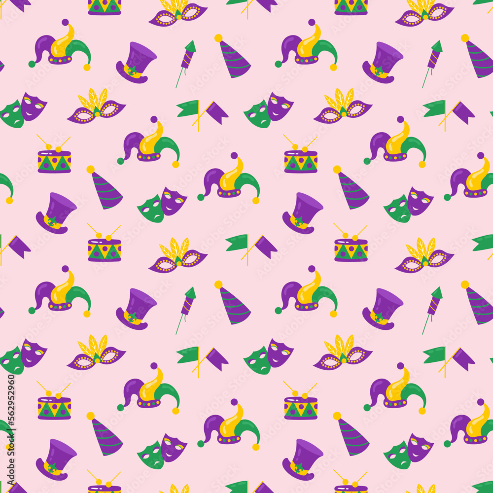 Seamless pattern Mardi Gras carnival. Design for fabric, textile, wallpaper, packaging. - obrazy, fototapety, plakaty 