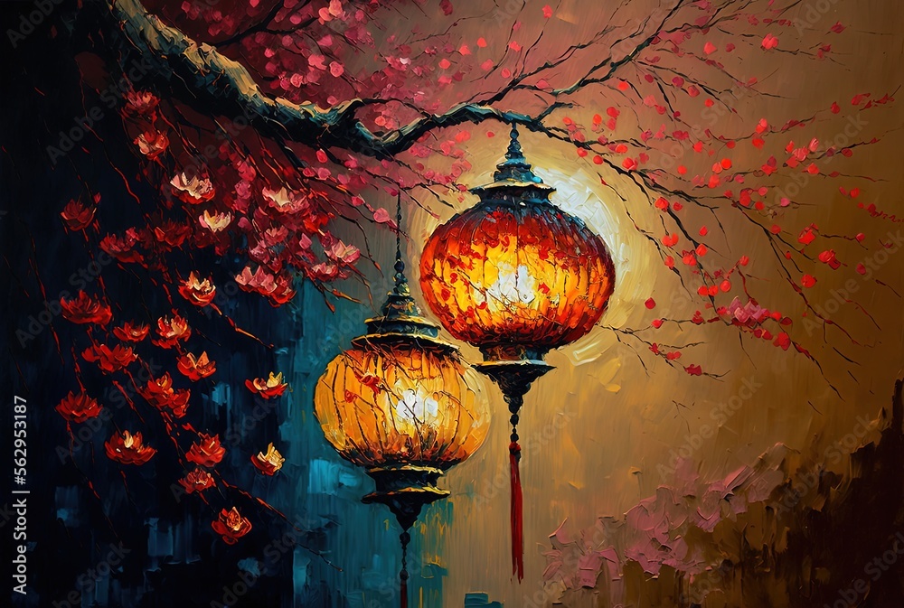 oil painting style illustration of lantern hanging on cherry blossom branch  tree background , idea for Chinese new year and Asian lantern festival  theme Generative Ai Stock Illustration | Adobe Stock
