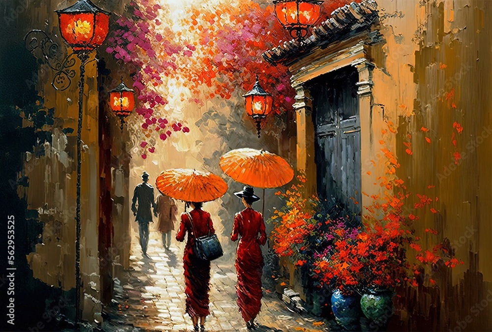 Naklejka premium oil painting style illustration of lantern hanging on wall background and people walking on town street , idea for Chinese new year and Asian lantern festival theme Generative Ai