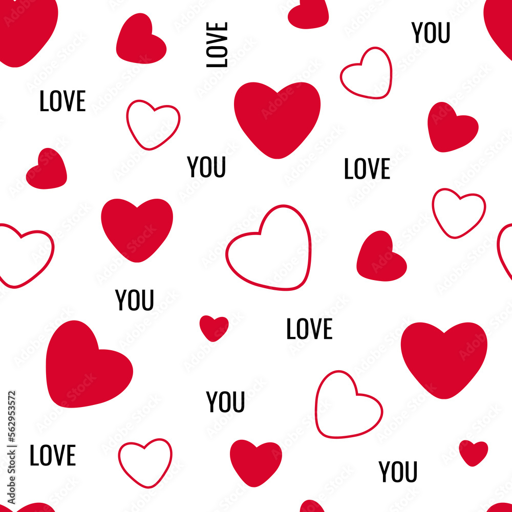 A pattern with the inscription love. Background with hearts, for gift wrapping. Vector design for Valentine's Day.