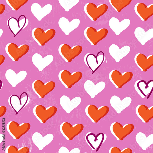 Heart seamless pattern. Pink, red, hand painted grunge texture vector illustraiton.