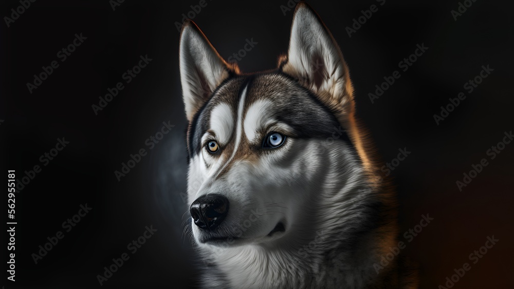 Fototapeta premium Portrait of a beautiful Siberian Husky with brown and blue eyes isolated on a black background created with Generative AI Technology