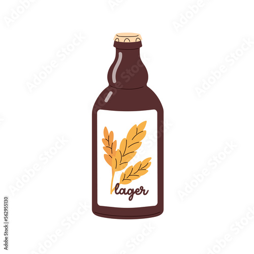Lager, fresh craft beer in glass bottle. Refreshing low-alcohol cold cooling drink. Brown cereal alcoholic beverage. Flat vector illustration isolated on white background