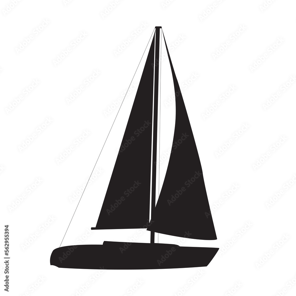Black sailboat vector icon, windjammer ship simple illustration. Two sail canvas. Yacht sailboat, marine vessel flat icon. Yacht regatta logo. Sport or transportation small ship, boat sign.
