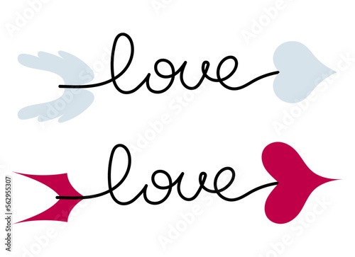 Arrows in flat style. Vector illustration of arrows with inscriptions. The inscription love is stylized as an arrow.