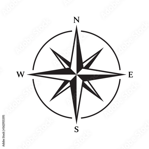 Wind rose icon, black compas navigator sign with north east south west direction elements. Rose of the winds flat black and white icon, sailing or travel symbol, exploration journey equipment vector.