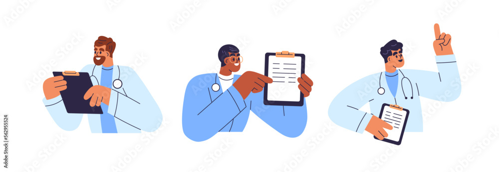 Doctors with medical documents, paper prescriptions on clipboard. Practitioners, physicians holding checkup reports, health statements. Flat graphic vector illustrations isolated on white background - obrazy, fototapety, plakaty 