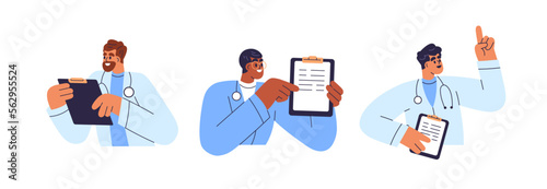 Doctors with medical documents, paper prescriptions on clipboard. Practitioners, physicians holding checkup reports, health statements. Flat graphic vector illustrations isolated on white background