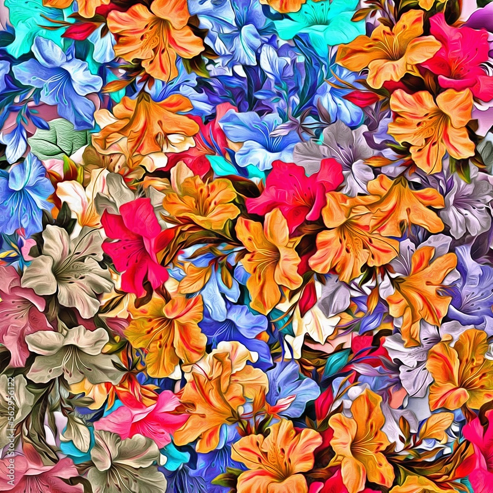 Computer graphics of abstract floral psychedelic background stylization of colored chaotic stickers in the form of leaves Computer graphics of abstract floral psychedelic background stylization of colored chaotic stickers in the form of leaves