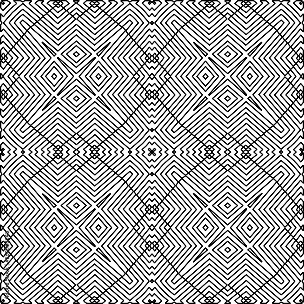 
Stylish texture with figures from lines.
Abstract geometric black and white pattern for web page, textures, card, poster, fabric, textile. Monochrome graphic repeating design. 