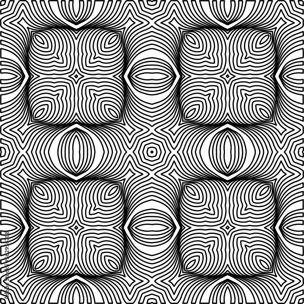 Stylish texture with figures from lines.
Abstract geometric black and white pattern for web page, textures, card, poster, fabric, textile. Monochrome graphic repeating design. 