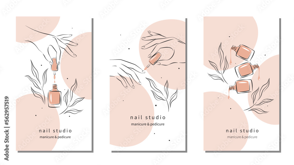 Set of design for nail studio for social media posts and stories, mobile apps. Nail polish, nail brush, manicured female hands. Vector illustrations
