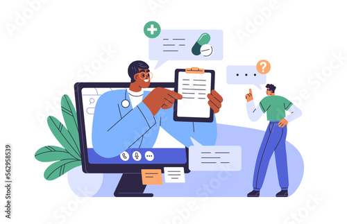 Online medical consultation, e-health concept. Remote doctor and patient at virtual communication. Healthcare web service, telemedicine. Flat graphic vector illustration isolated on white background