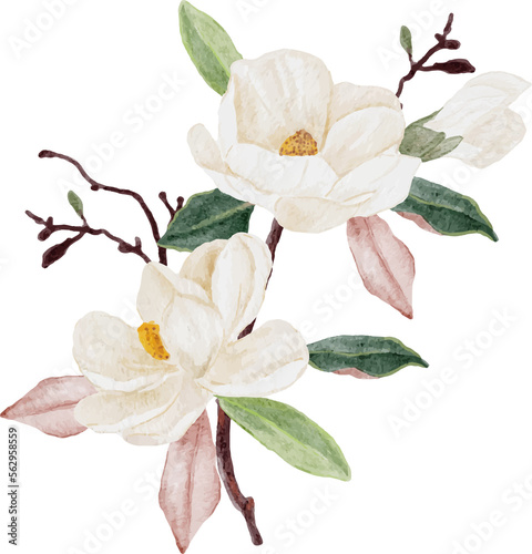 watercolor white magnolia flower and leaf bouquet clipart