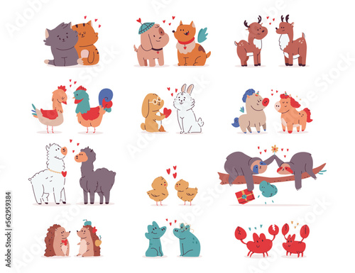 Cute animals in love Valentine's day vector cartoon characters set isolated on a white background. © Roi_and_Roi