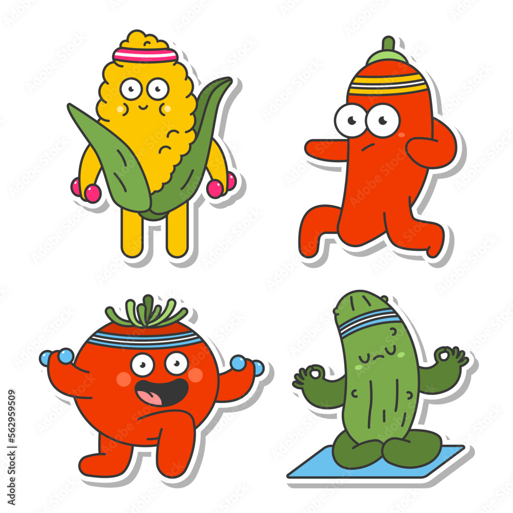 Naklejka premium Fitness and health sticker pack with cute vegetable vector cartoon set isolated on a white background.