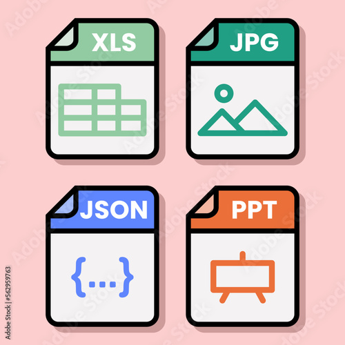 Document file folder download vector color format pdf doc xls jpg zip txt png json ppt csv xml ai mp3 mp4 html psd css js