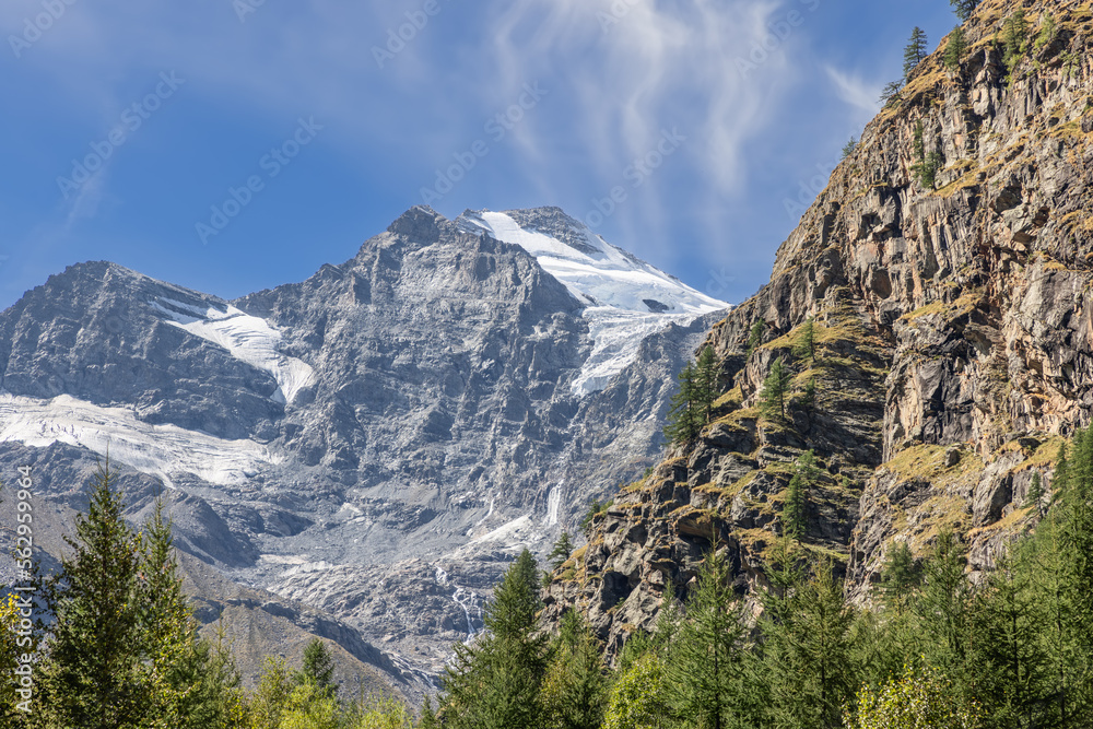 Gorge overgrown with green coniferous forest and steep granite rocks rising from it covered with snow on peaks in Gran Paradiso National Park, Aosta valley, Italy