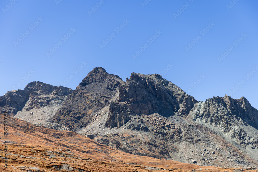 Gentle mountain slope covered with yellow autumn grass in foreground and black impregnable steep sharp rocks in background. Gran Paradiso National Park, Aosta valley, Italy